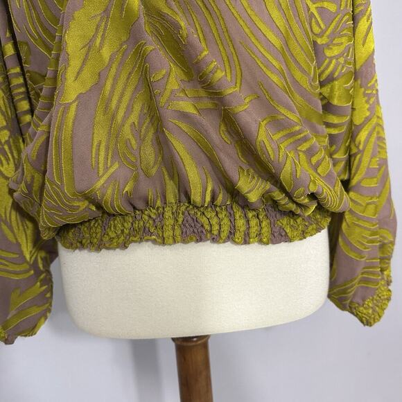 Cynthia Vincent Velvet Tropical Boho Artsy Top Large Blouse Peasant Neon Citron - Picture 10 of 10
